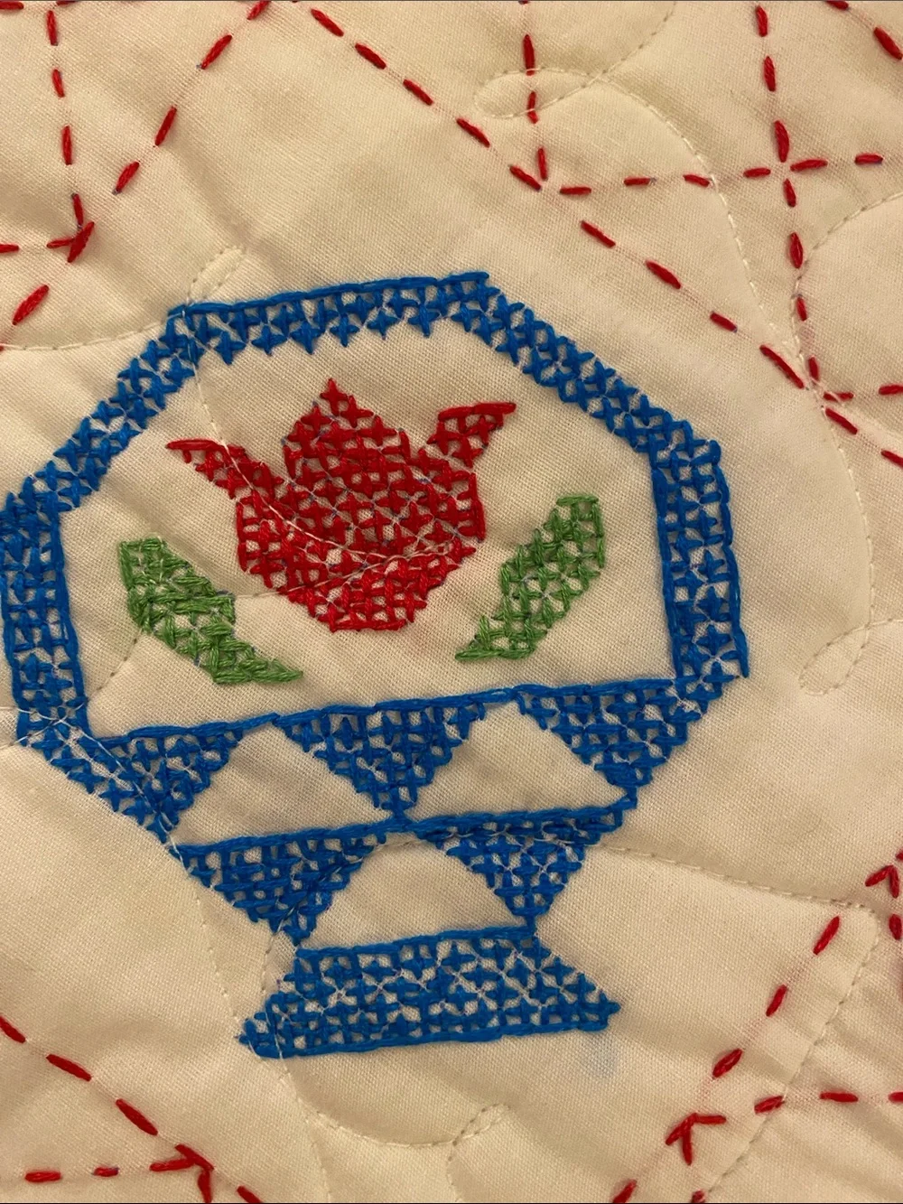 🇺🇸 Vintage Americana Amish Quaker Cottagecore Red, White & Blue Stitch Quilt